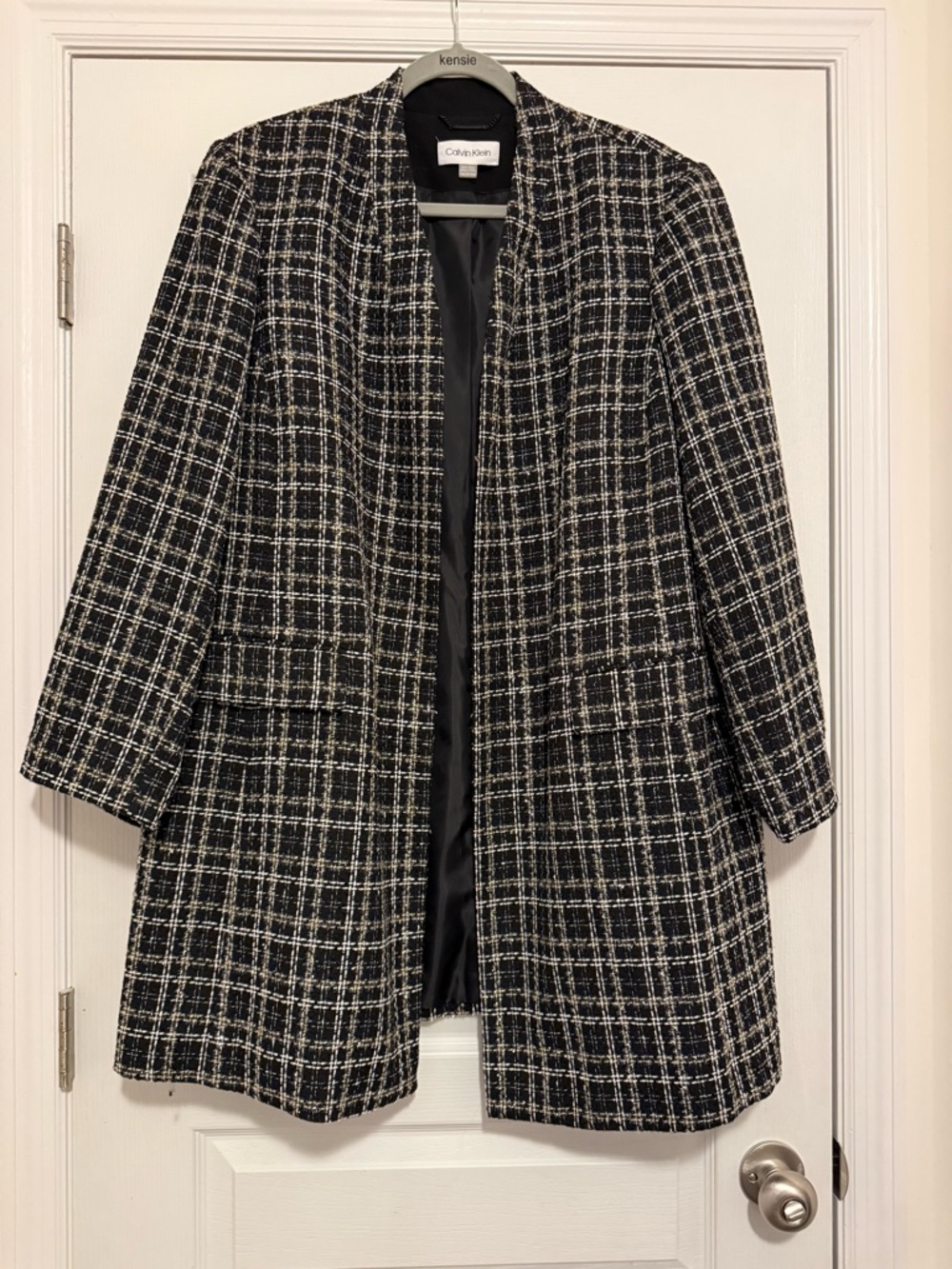 Calvin Klein Black & White Tweed with Gold Sparkle Open Front Blazer